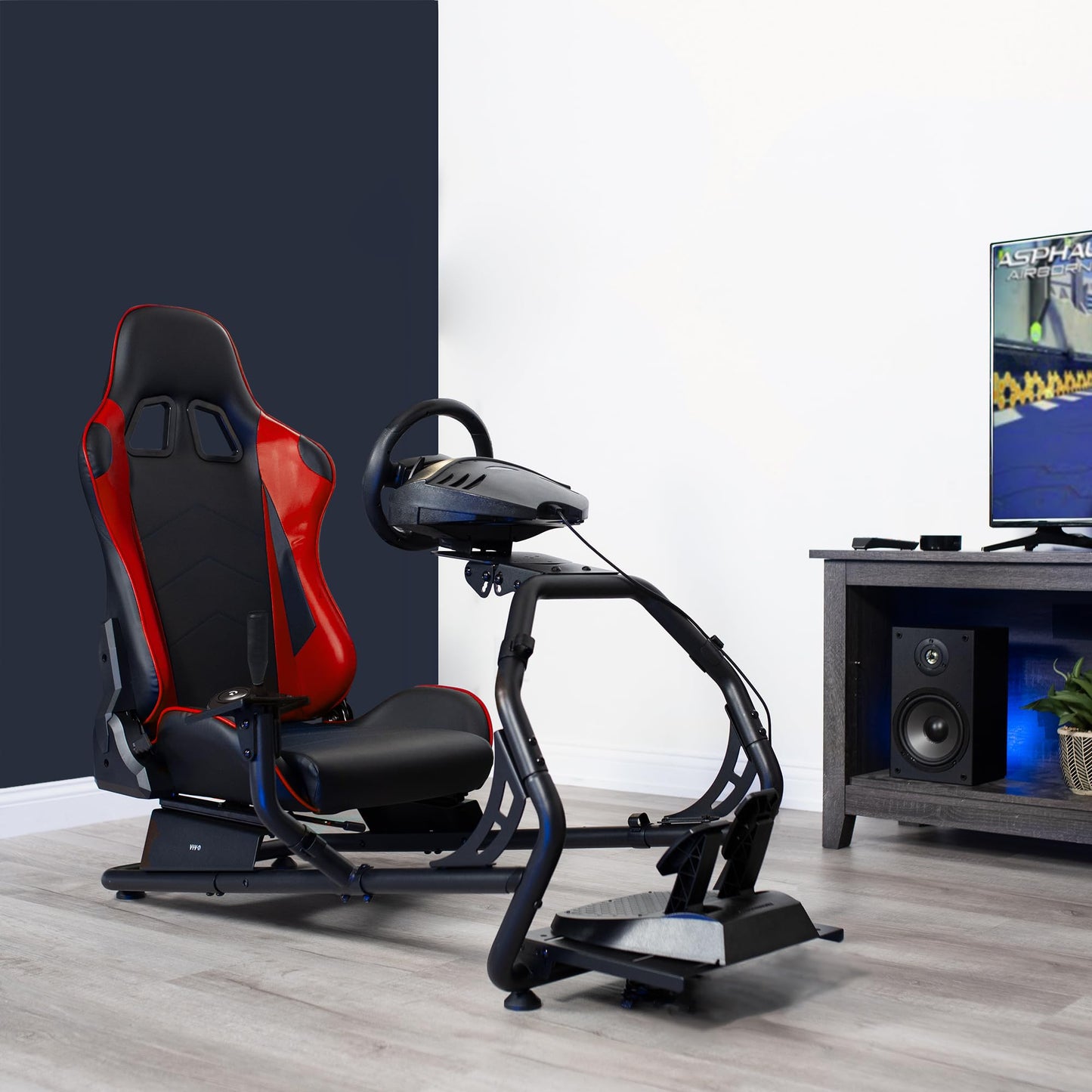 VIVO Racing Simulator Cockpit with Wheel Stand, Gear Mount, Chair and Frame Only, Fits Logitech, Thrustmaster, Fanatec, Compatible with Xbox One, PlayStation, PC Video Game, Red Stripe, STAND-RACE1B