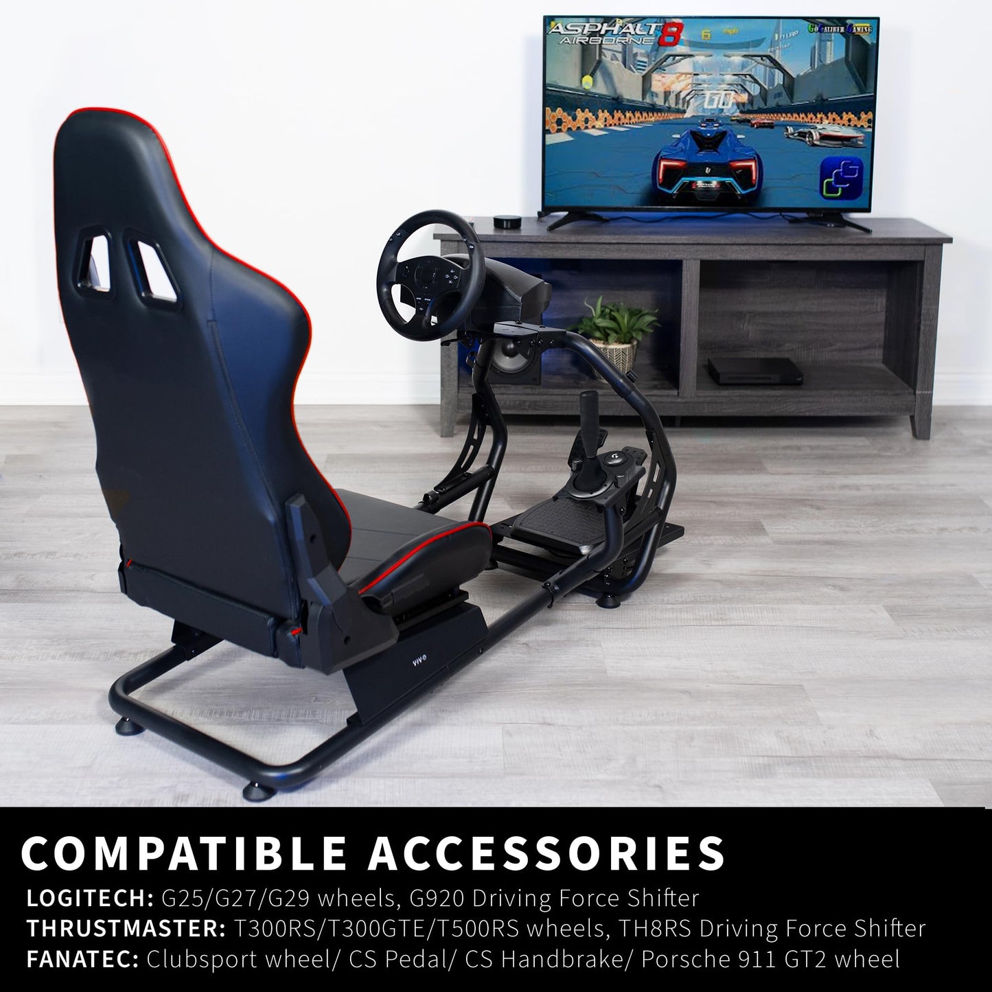 VIVO Racing Simulator Cockpit with Wheel Stand, Gear Mount, Chair and Frame Only, Fits Logitech, Thrustmaster, Fanatec, Compatible with Xbox One, PlayStation, PC Video Game, Red Stripe, STAND-RACE1B